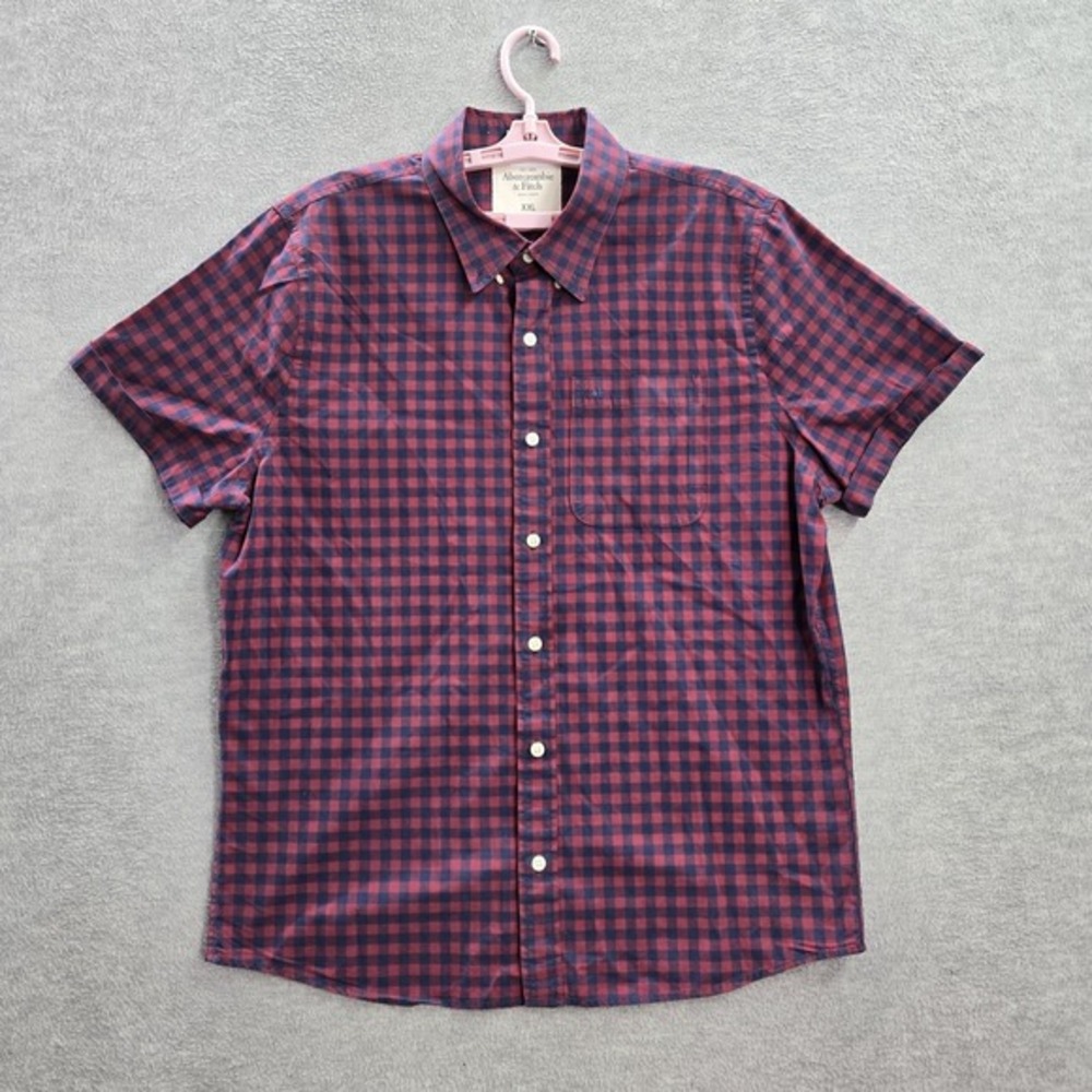 Abercrombie & Fitch Men Button Up Shirt 2XL Red A&F Embroidery Check Muscle